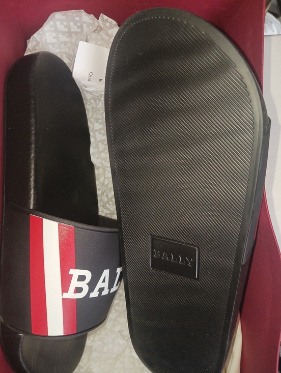 Bally Black Slides with White Logo and Red Stripe